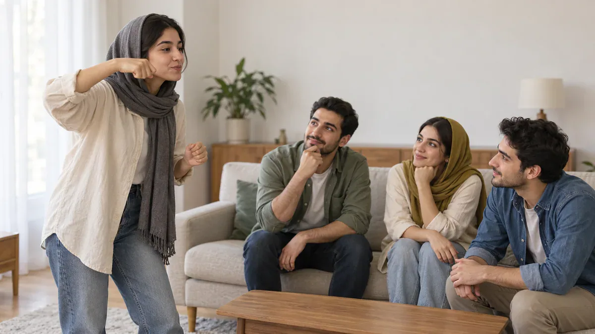 اجرای یک حرکت پانتومیم در برابر دوستان نشسته