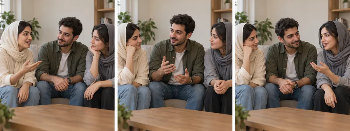 سه قاب از حرفزدن بازیکنها به ترتیب در داستان زنجیرهای