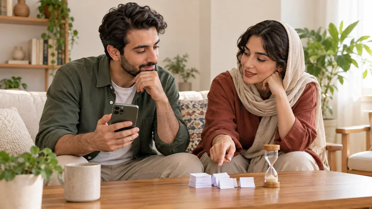 دو دوست کنار گوشی درباره بازی مناسب جمع تصمیم میگیرند