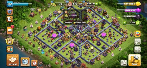 خرید اکانت مکس کلش آف کلنز تاون هال 15 لول 184 کد 92529