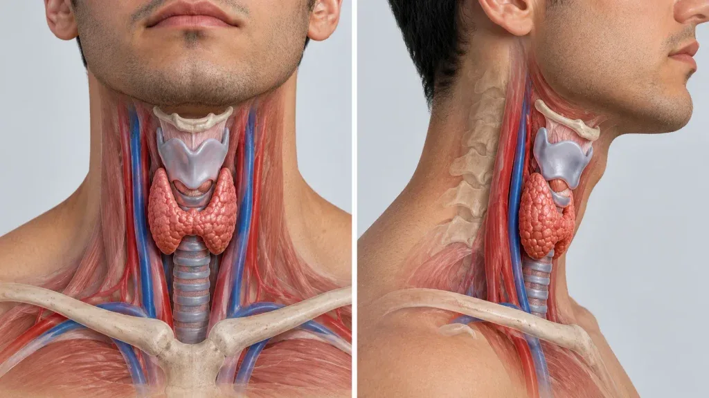 نمودار محل غده تیروئید در جلوی گردن، زیر غضروف تیروئید و روی نای